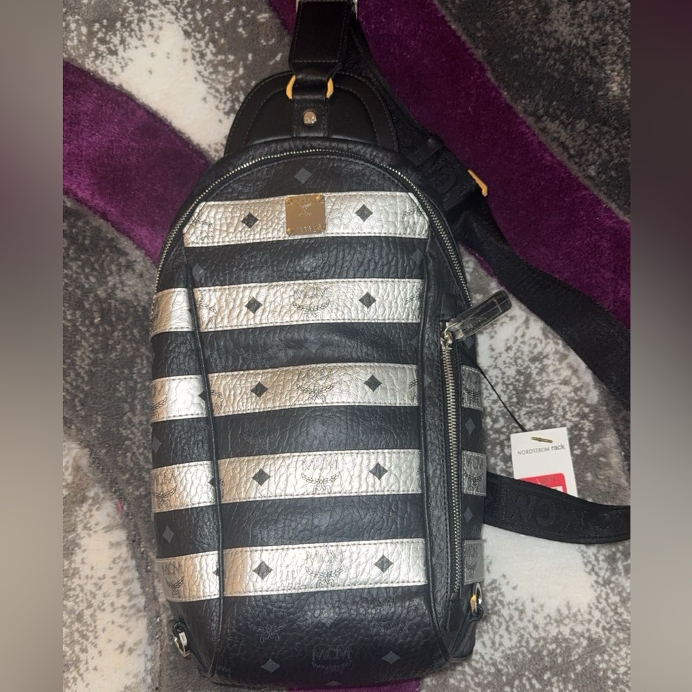 MCM Black and Silver Striped Backpack
